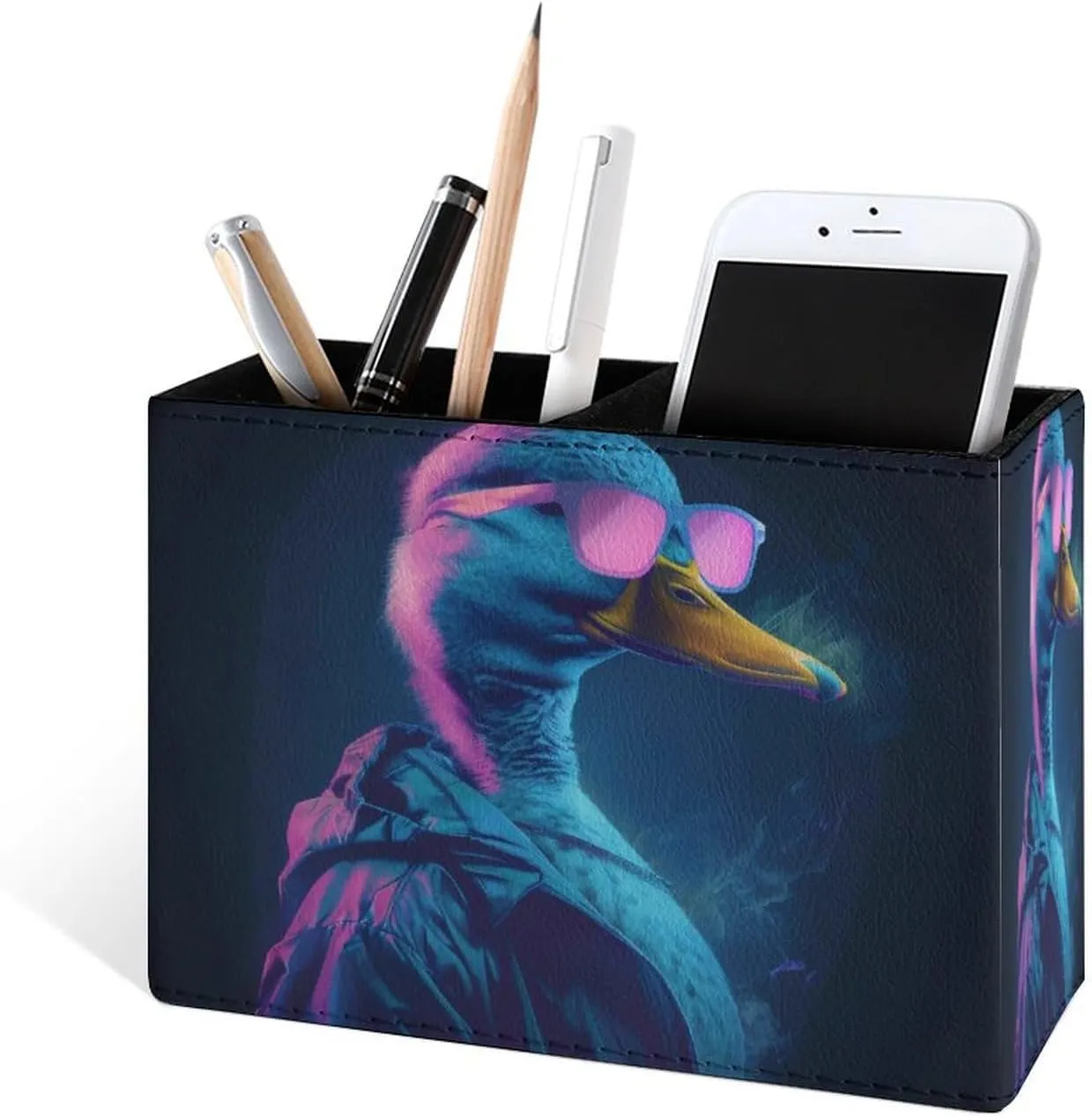 Famame Funny Duck Sunglasses Pencil Holder for Desk, Leather Desktop Container Pen Cup Storage Study Table Pen Organizer Makeup Brush Holder for Classroom Office Home