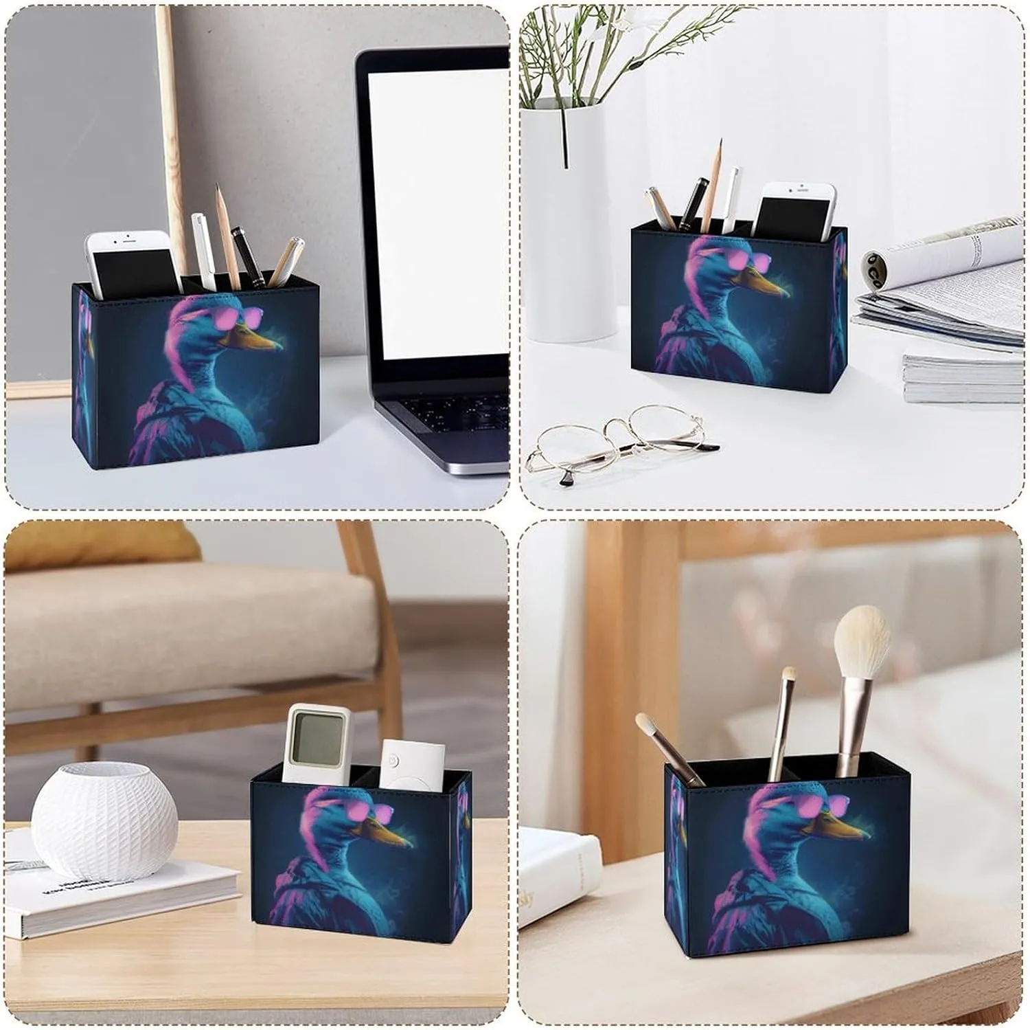 Famame Funny Duck Sunglasses Pencil Holder for Desk, Leather Desktop Container Pen Cup Storage Study Table Pen Organizer Makeup Brush Holder for Classroom Office Home
