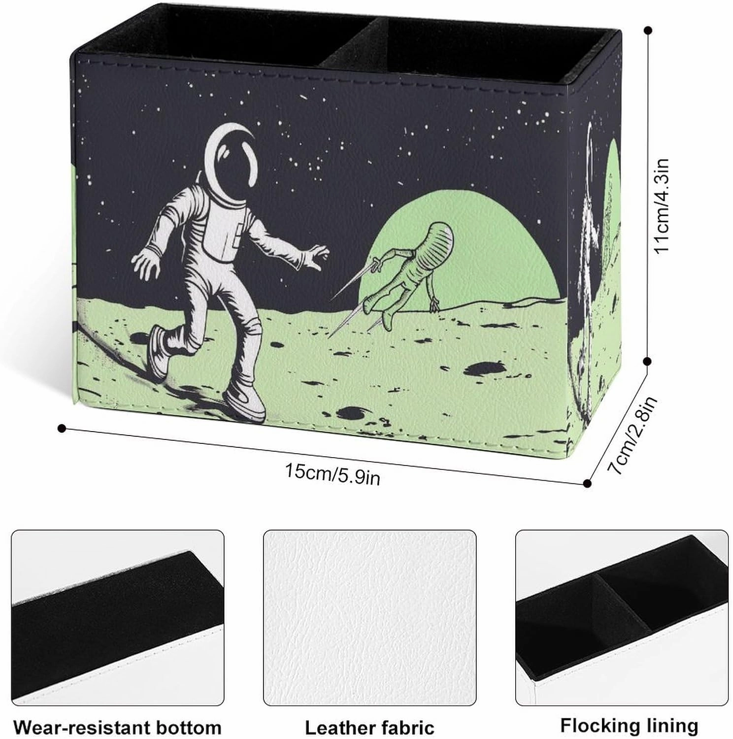 Famame Astronaut Catching Up Alien Pencil Holder for Desk, Leather Desktop Container Pen Cup Storage Study Table Pen Organizer Makeup Brush Holder for Classroom Office Home