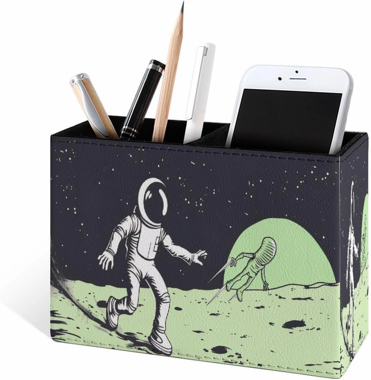 Famame Astronaut Catching Up Alien Pencil Holder for Desk, Leather Desktop Container Pen Cup Storage Study Table Pen Organizer Makeup Brush Holder for Classroom Office Home