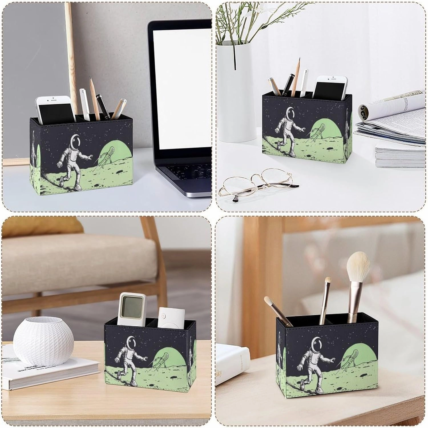 Famame Astronaut Catching Up Alien Pencil Holder for Desk, Leather Desktop Container Pen Cup Storage Study Table Pen Organizer Makeup Brush Holder for Classroom Office Home