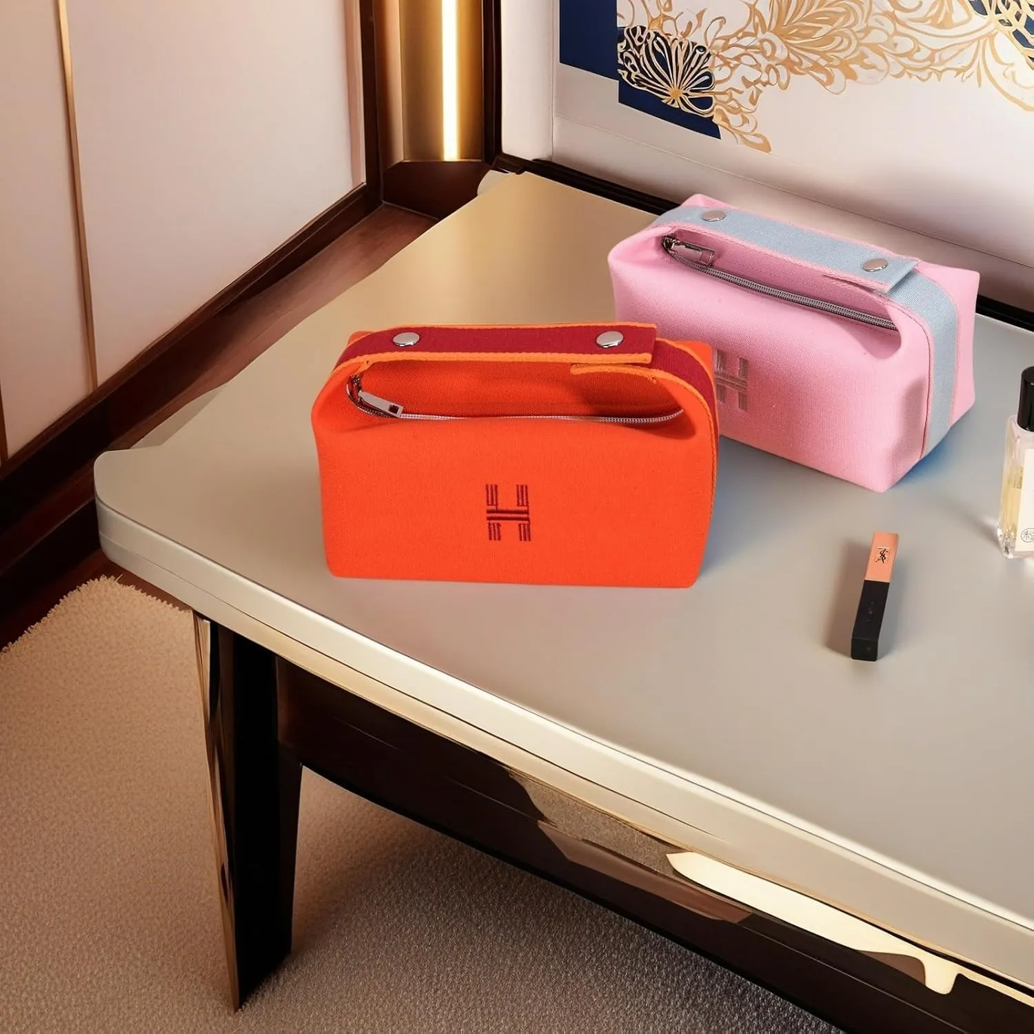 Fashion Makeup Bag for Women, Orange Red Canvas Make up Travel Bag, Hanging Cosmetic Bag Organizer for Women（Full updated ）