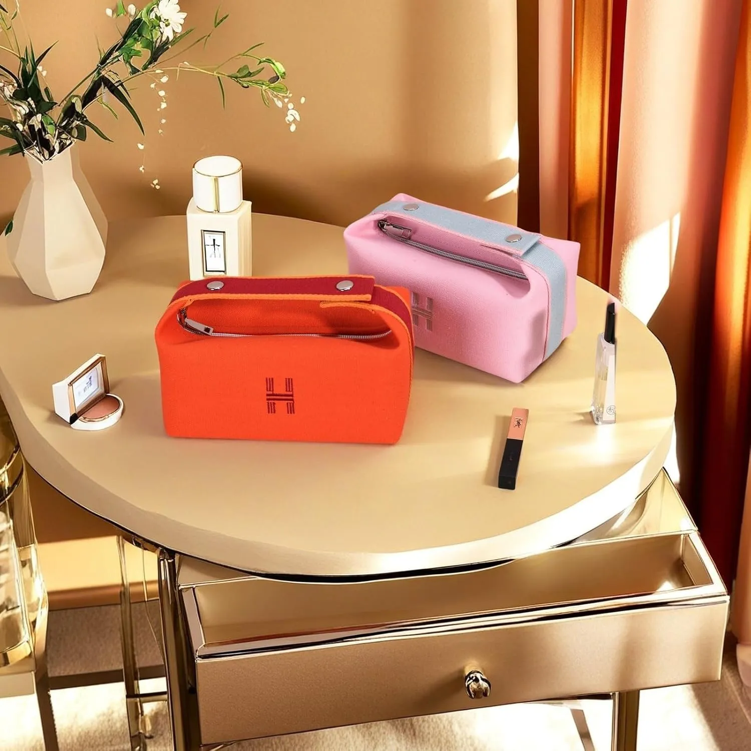 Fashion Makeup Bag for Women, Orange Red Canvas Make up Travel Bag, Hanging Cosmetic Bag Organizer for Women（Full updated ）