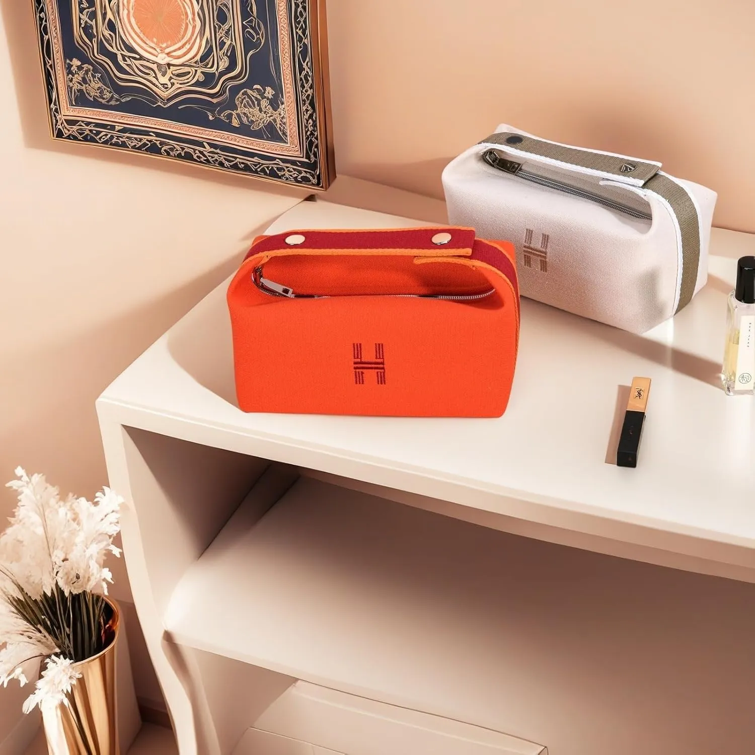 Fashion Makeup Bag for Women, Orange Red Canvas Make up Travel Bag, Hanging Cosmetic Bag Organizer for Women（Full updated ）