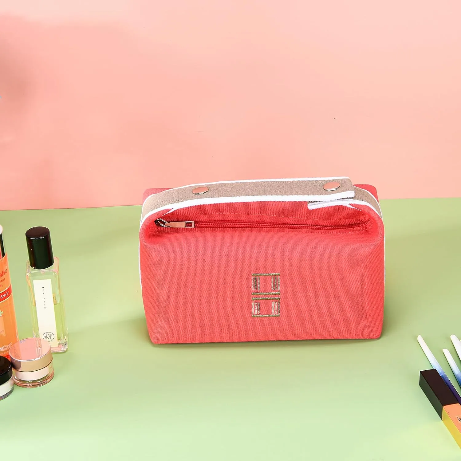 Fashion Makeup Bag for Women, Orange Red Canvas Make up Travel Bag, Hanging Cosmetic Bag Organizer for Women（Full updated ）