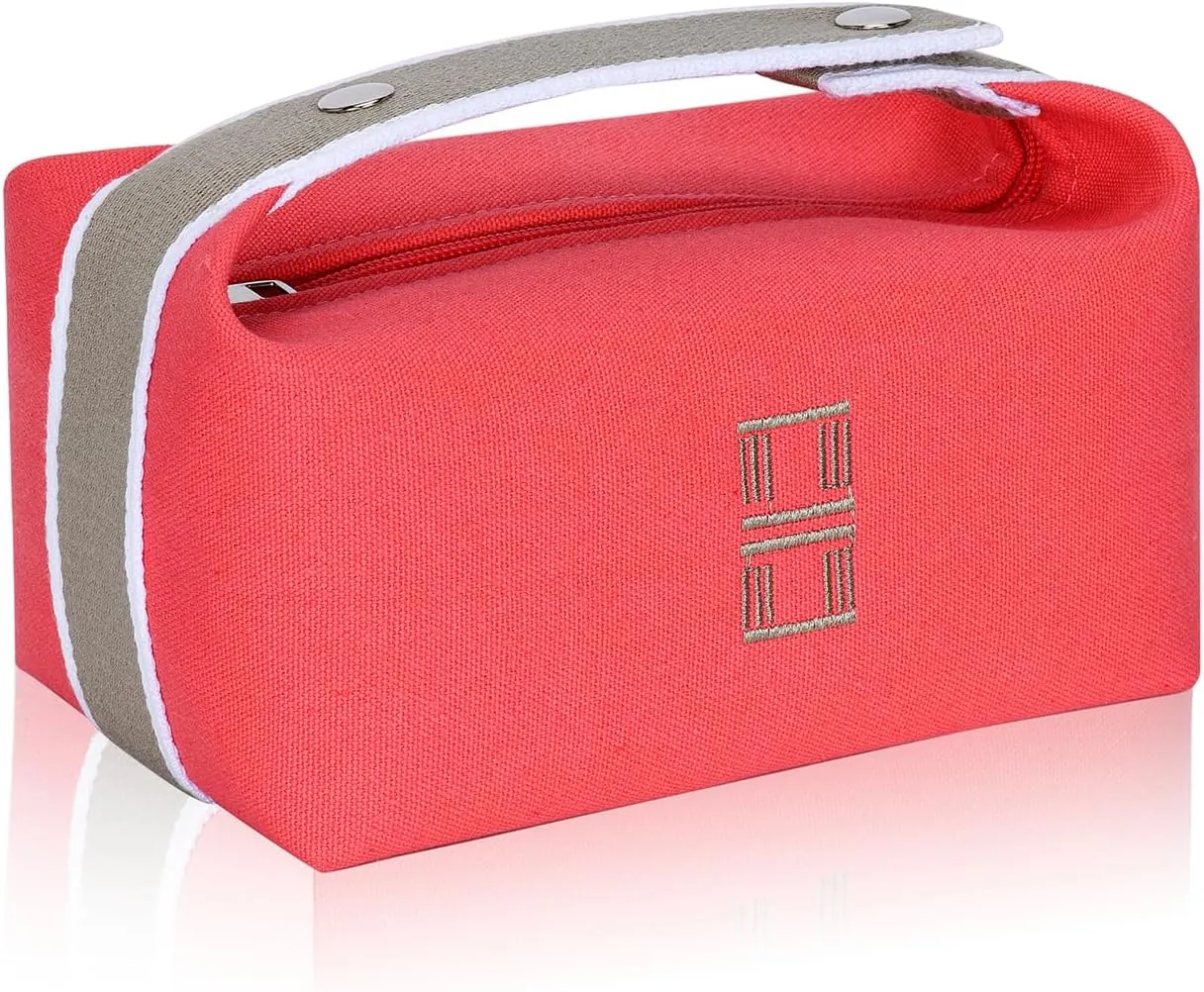 Fashion Makeup Bag for Women, Orange Red Canvas Make up Travel Bag, Hanging Cosmetic Bag Organizer for Women（Full updated ）