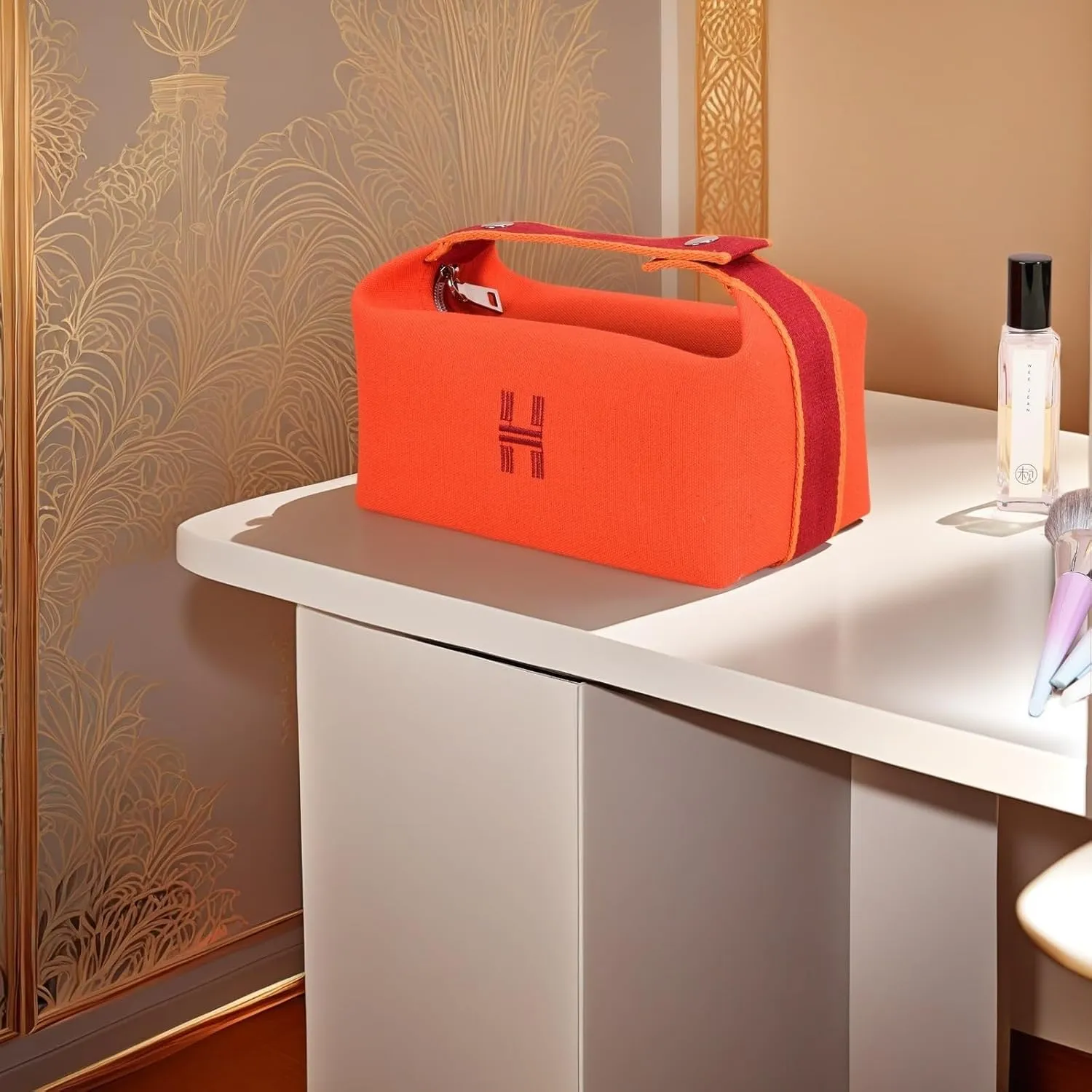Fashion Makeup Bag for Women, Orange Red Canvas Make up Travel Bag, Hanging Cosmetic Bag Organizer for Women（Full updated ）