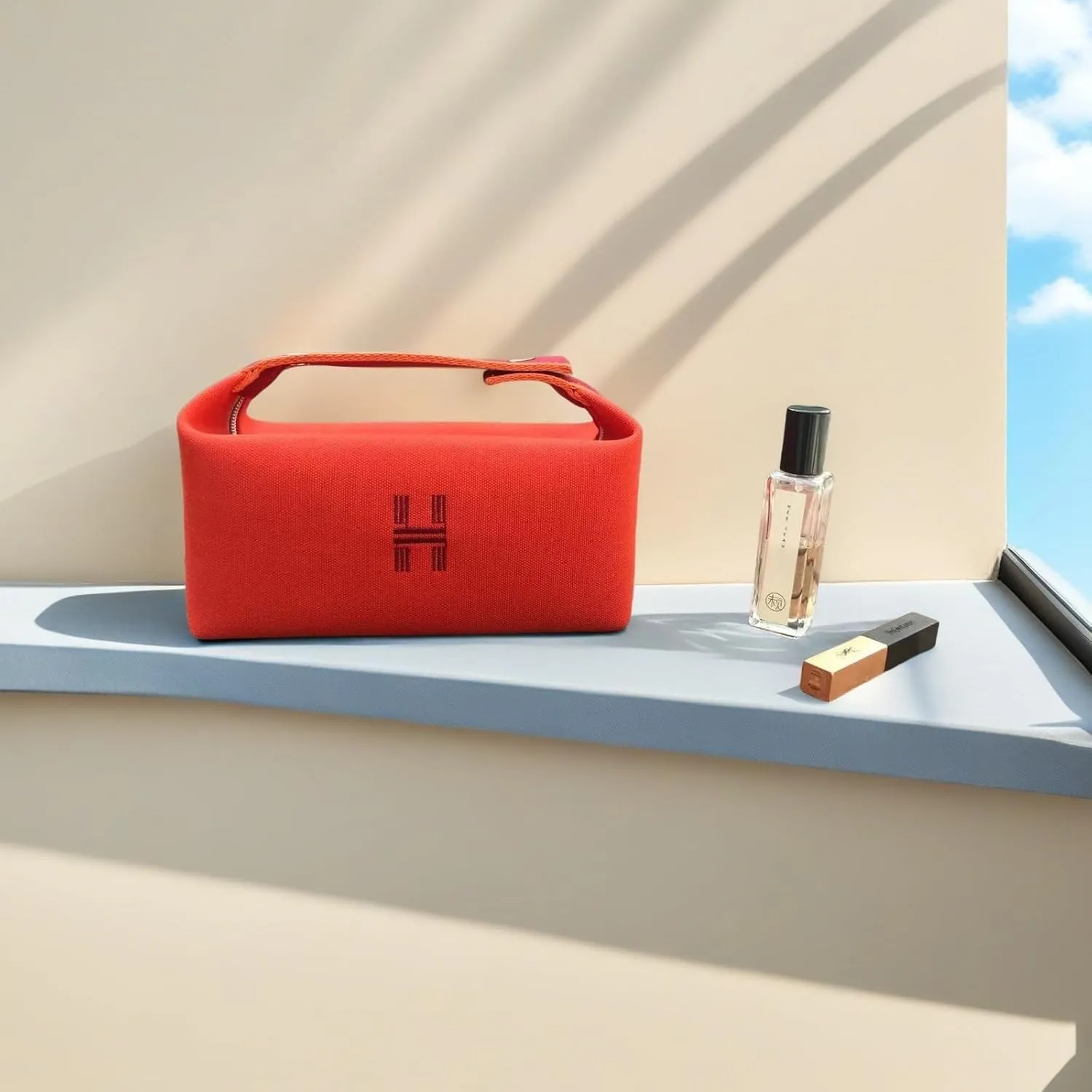 Fashion Makeup Bag for Women, Orange Red Canvas Make up Travel Bag, Hanging Cosmetic Bag Organizer for Women（Full updated ）