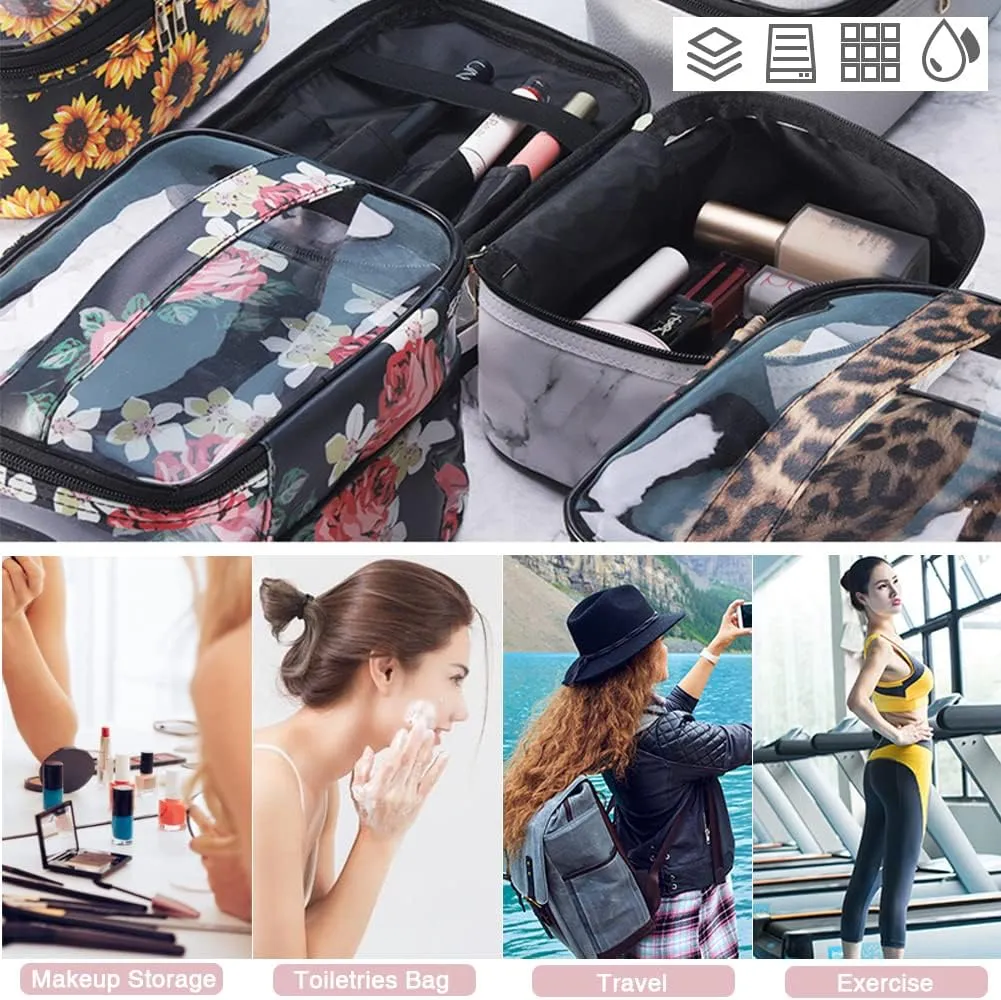 FITINI 3 Pieces Makeup Bags Double Layer Travel Large Holographic Cosmetic Cases Organizer Toiletry Bags Waterproof Small Zipper Pouch for Women Makeup Brush Storage Bag,Black