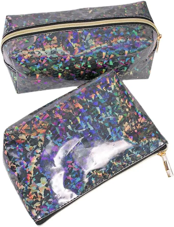 FITINI 3 Pieces Makeup Bags Double Layer Travel Large Holographic Cosmetic Cases Organizer Toiletry Bags Waterproof Small Zipper Pouch for Women Makeup Brush Storage Bag,Black