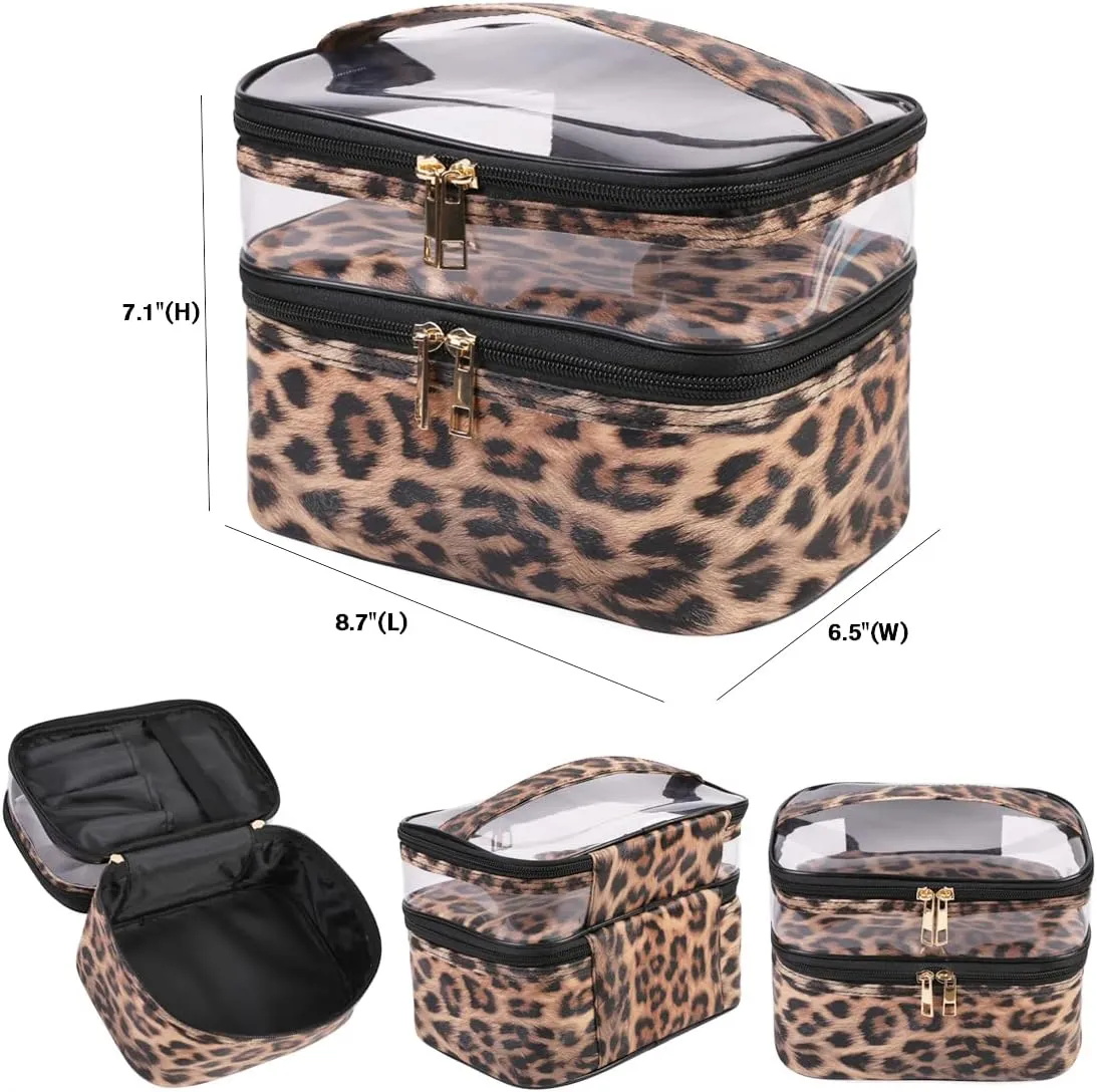 FITINI 3 Pieces Makeup Bags Double Layer Travel Large Leopard Cosmetic Cases Organizer Toiletry Bags Waterproof Small Zipper Pouch for Women Makeup Brush Storage Bag