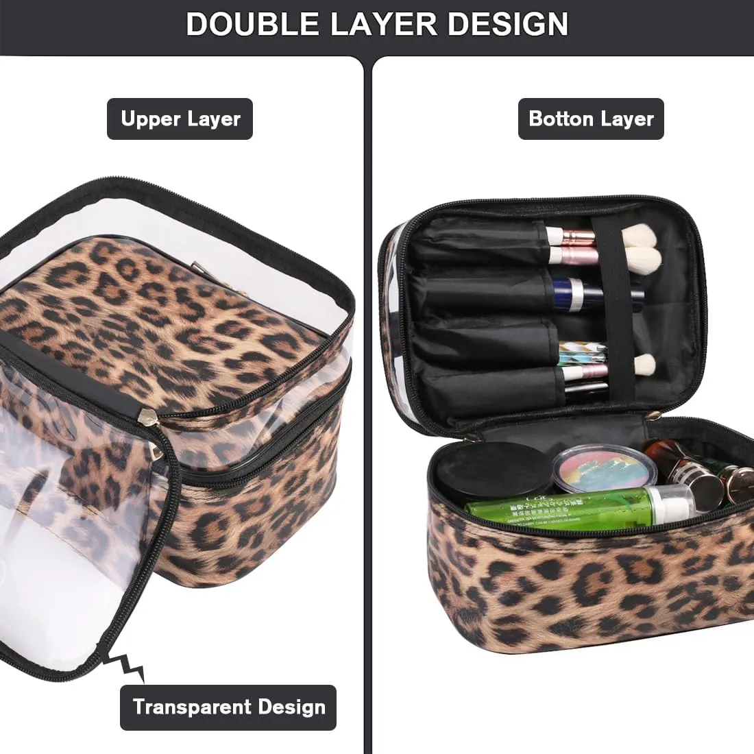 FITINI 3 Pieces Makeup Bags Double Layer Travel Large Leopard Cosmetic Cases Organizer Toiletry Bags Waterproof Small Zipper Pouch for Women Makeup Brush Storage Bag