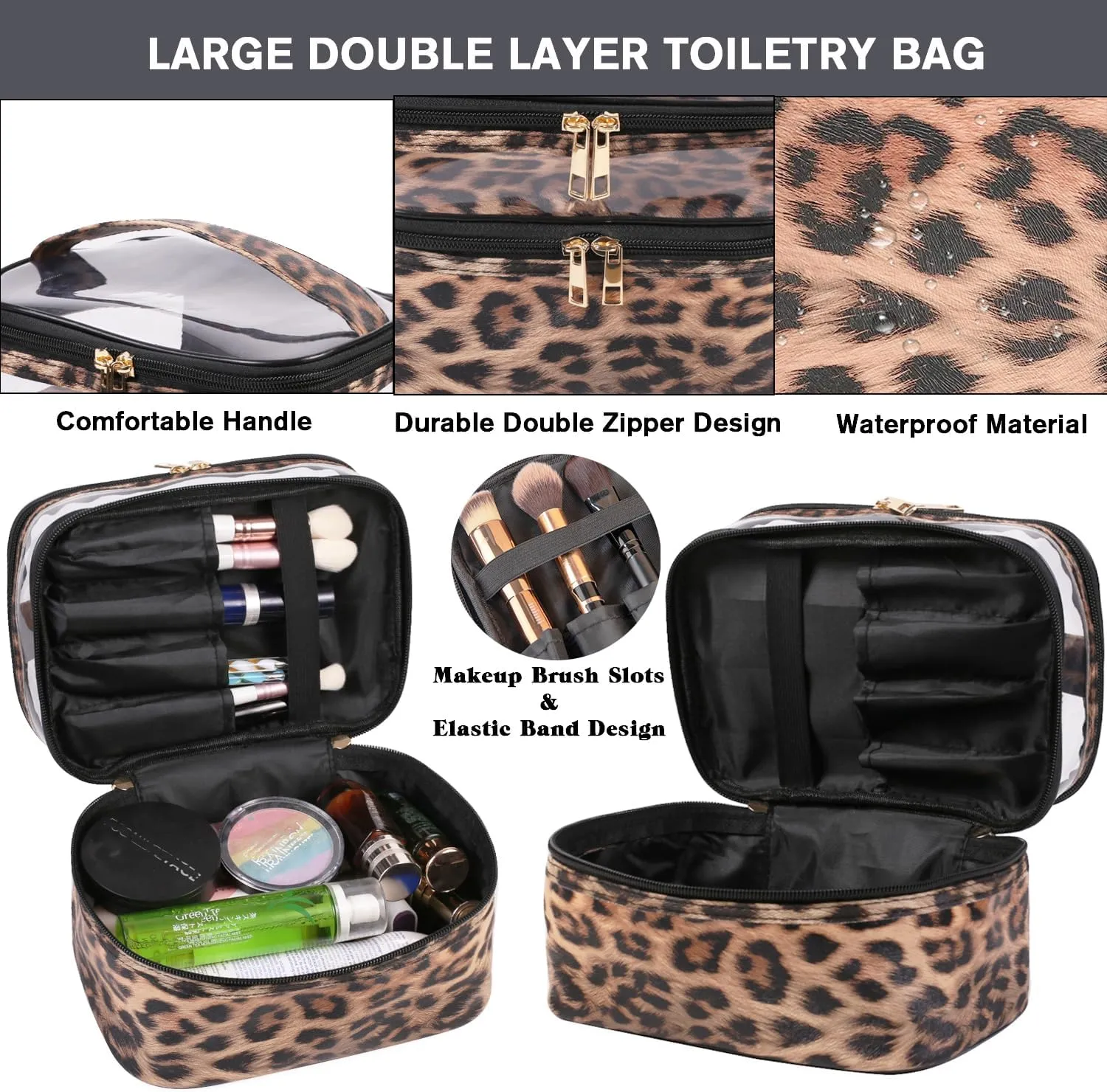 FITINI 3 Pieces Makeup Bags Double Layer Travel Large Leopard Cosmetic Cases Organizer Toiletry Bags Waterproof Small Zipper Pouch for Women Makeup Brush Storage Bag