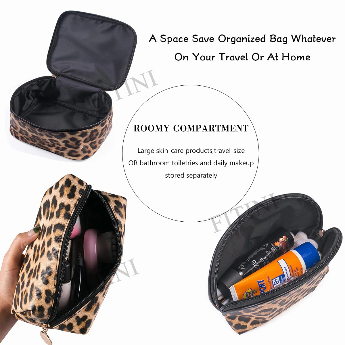 FITINI Makeup Bag Leopard 3 Pack Travel Toiletry Bag Portable Cosmetic Pouch Organizer with Small Brush Holders Gold Zipper Waterproof Storage Case for Women and Girls
