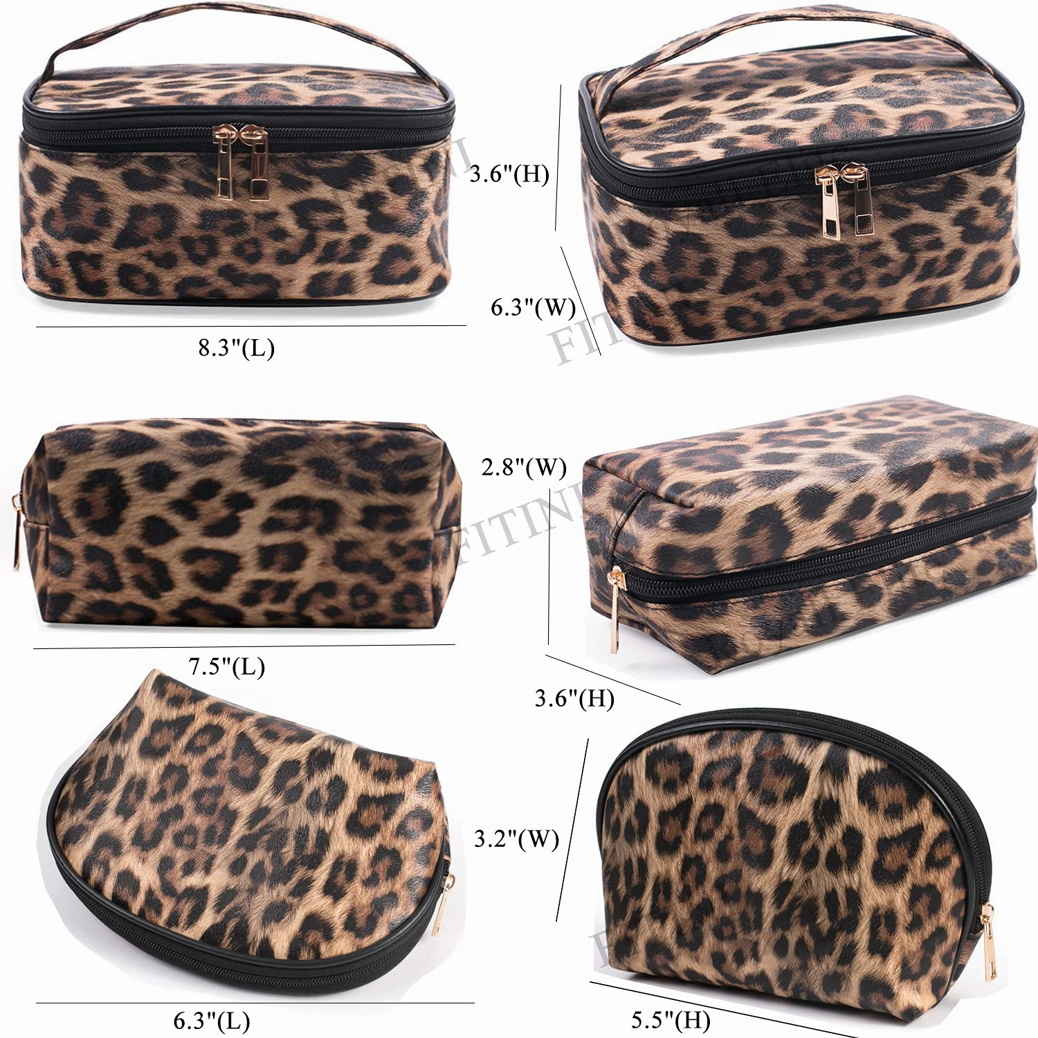 FITINI Makeup Bag Leopard 3 Pack Travel Toiletry Bag Portable Cosmetic Pouch Organizer with Small Brush Holders Gold Zipper Waterproof Storage Case for Women and Girls