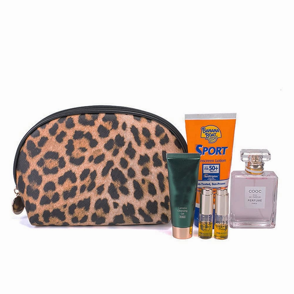 FITINI Makeup Bag Leopard 3 Pack Travel Toiletry Bag Portable Cosmetic Pouch Organizer with Small Brush Holders Gold Zipper Waterproof Storage Case for Women and Girls