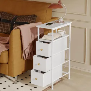 Fixwal Small Nightstand Narrow White Dresser with Charging Station, Skinny Nightstand with 3 Fabric Drawers, Dorm Silm Bedside Table for Small Spaces Bathroom, Bedroom, Living Room, Laundry