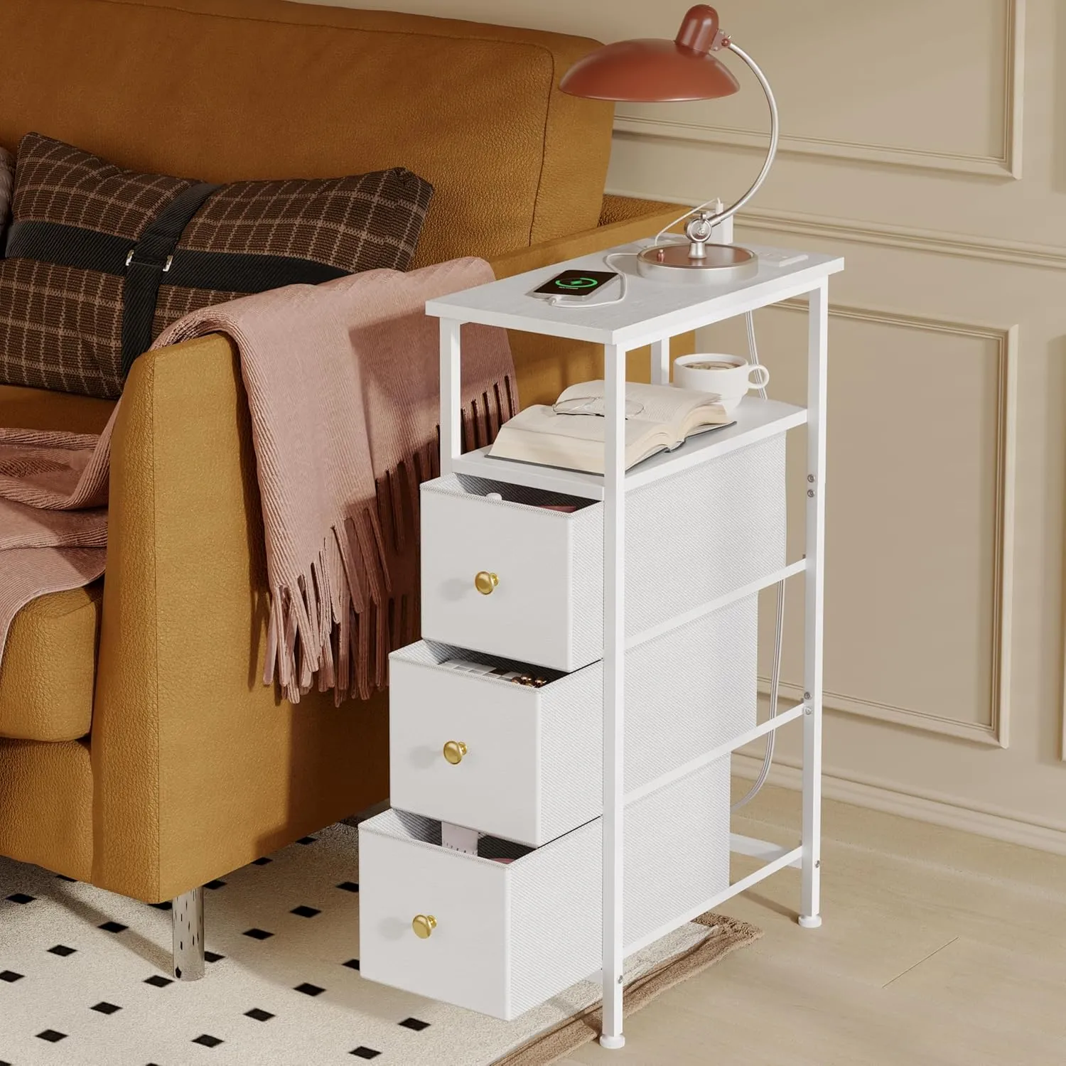 Fixwal Small Nightstand Narrow White Dresser with Charging Station, Skinny Nightstand with 3 Fabric Drawers, Dorm Silm Bedside Table for Small Spaces Bathroom, Bedroom, Living Room, Laundry