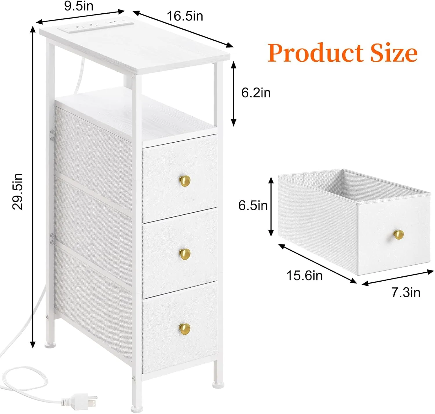 Fixwal Small Nightstand Narrow White Dresser with Charging Station, Skinny Nightstand with 3 Fabric Drawers, Dorm Silm Bedside Table for Small Spaces Bathroom, Bedroom, Living Room, Laundry