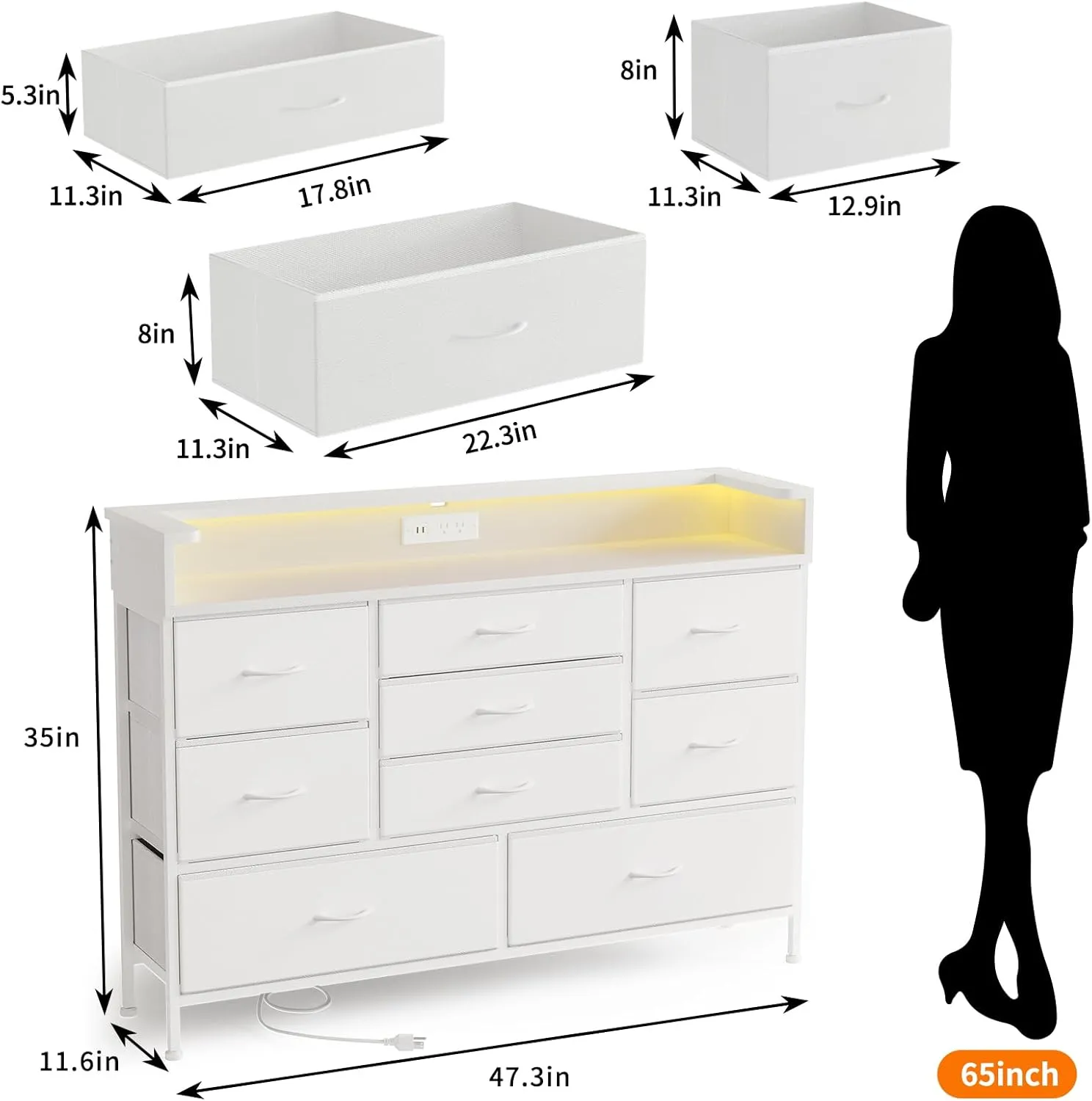 Fixwal White LED Dresser for Bedroom, Dresser with 9 Drawers and Charging Station, Fabric Chest of Drawers with PU Finish, Entryway, Living Room, Hallway