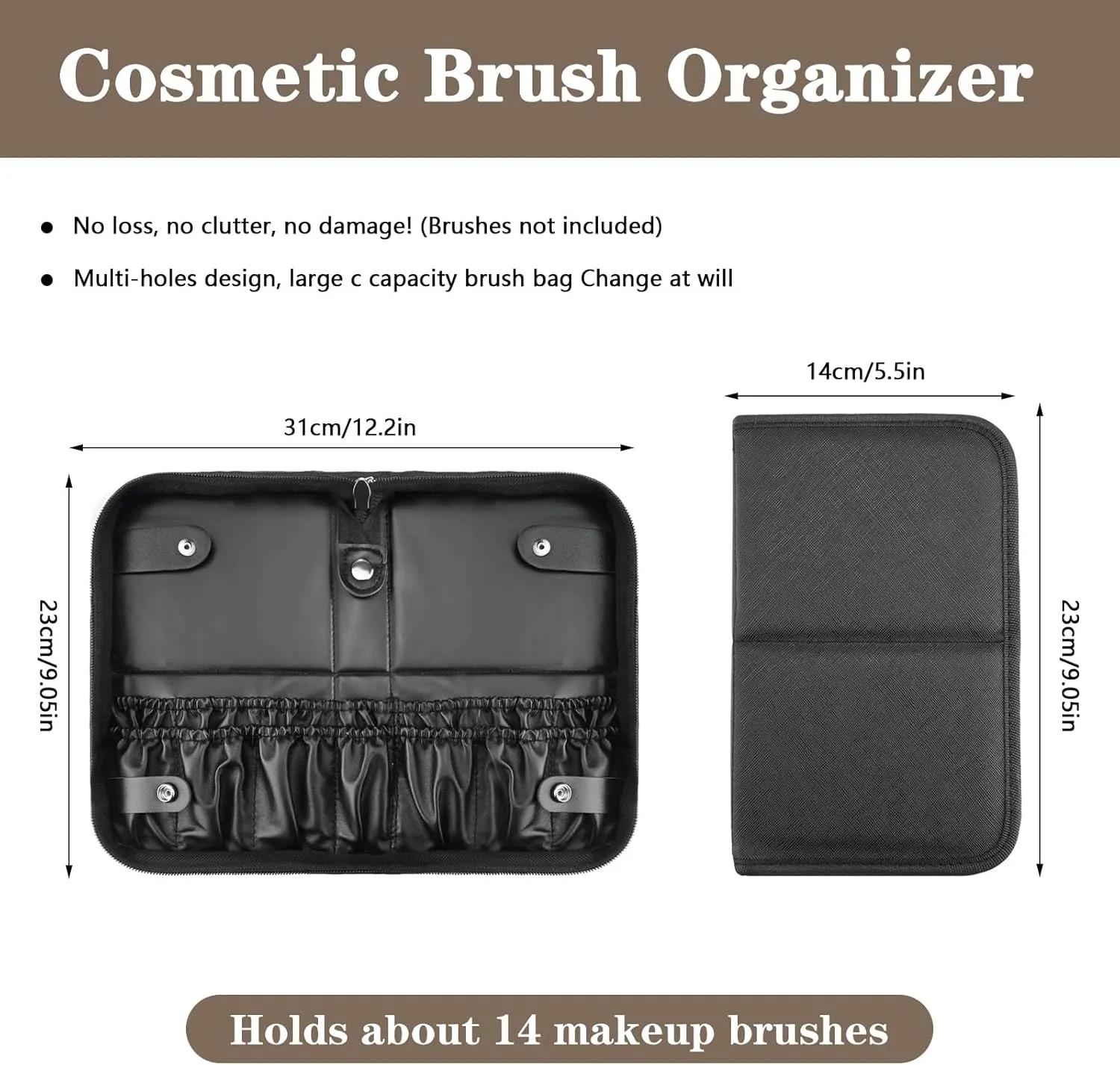 Folding Makeup Brush Organizer, Black Waterproof Stand-Up Travel Makeup Brush Holder, Portable Cosmetic Case Leather Handbag (Only Bag) (BAG-885（18Holes）)