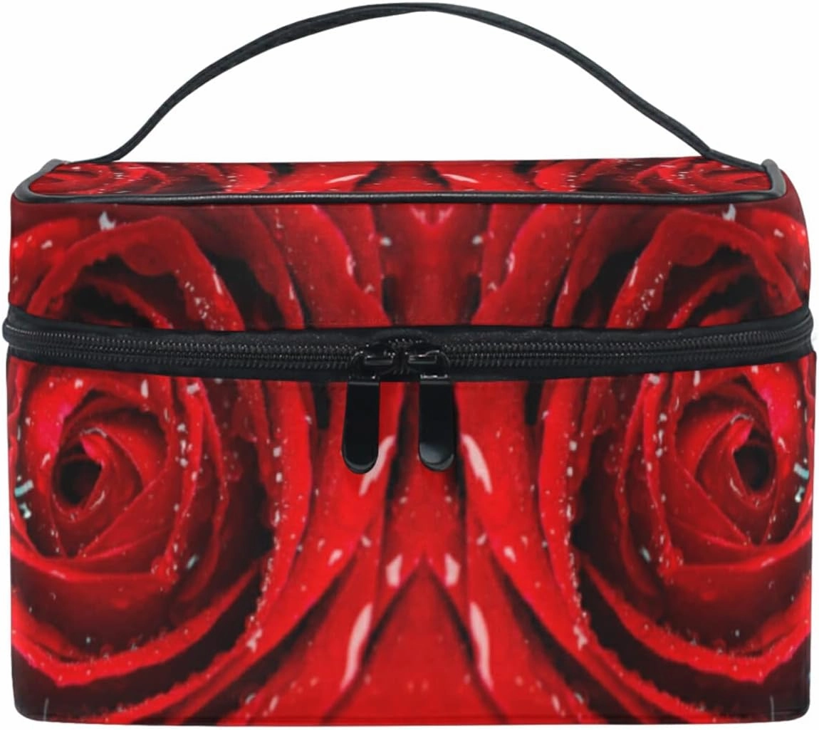 Fresh Red Rose Bud, The Petals of Red Roses with Water Beauty Cosmetic with Zipper Brush Portable Storage Bag, Fashion printing Toiletry, Durable Travel Organizer Tote Unisex Gifts