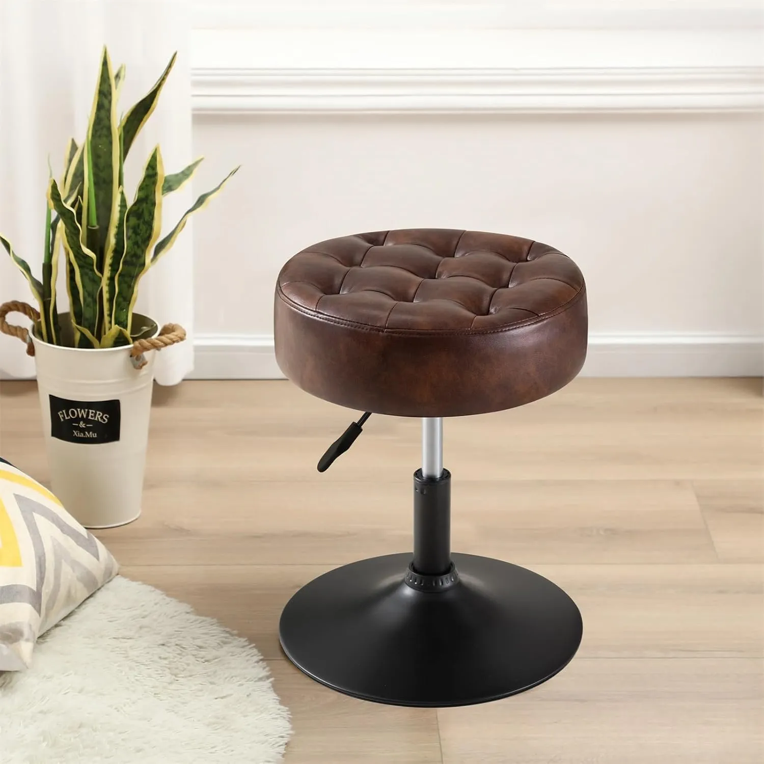 Furnimart Faux Leather Round Ottoman Stool, Modern Upholstered Padded Pouffe Makeup Accent Stool for Bedroom Living Room Entryway