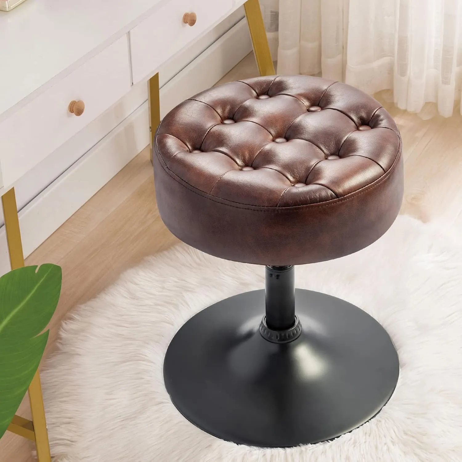 Furnimart Faux Leather Round Ottoman Stool, Modern Upholstered Padded Pouffe Makeup Accent Stool for Bedroom Living Room Entryway