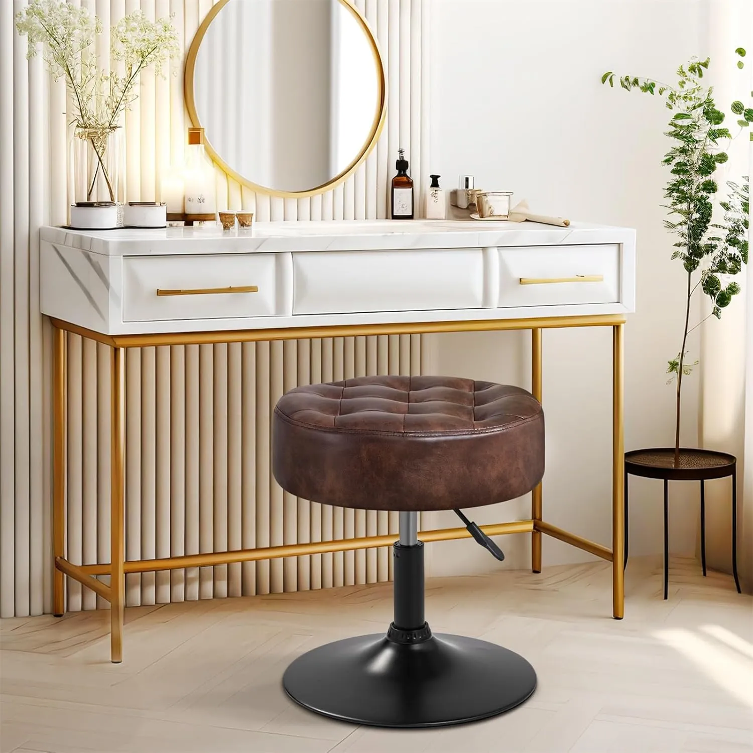 Furnimart Faux Leather Round Ottoman Stool, Modern Upholstered Padded Pouffe Makeup Accent Stool for Bedroom Living Room Entryway