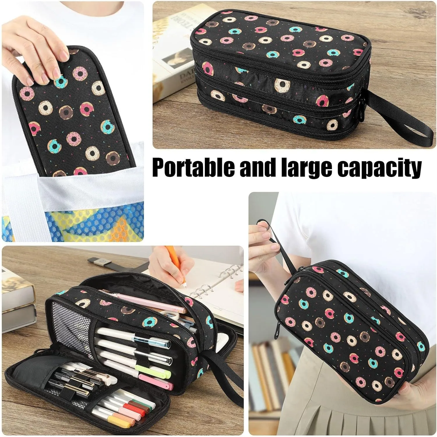 Fustylead Donuts Large Pencil Bag Storage Pen Case Makeup Pouch Stationery Bag for School College Office Organizer