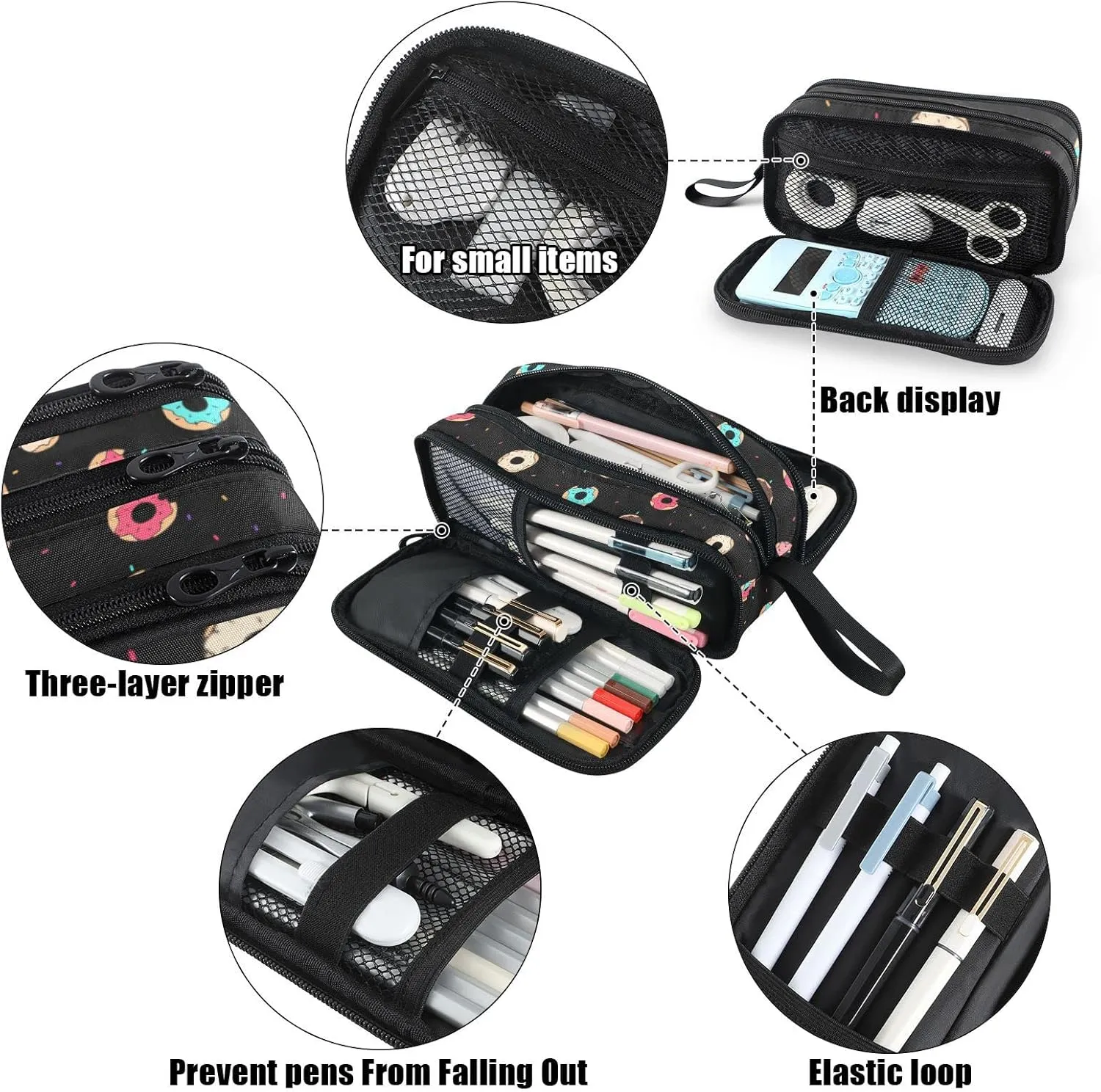 Fustylead Donuts Large Pencil Bag Storage Pen Case Makeup Pouch Stationery Bag for School College Office Organizer