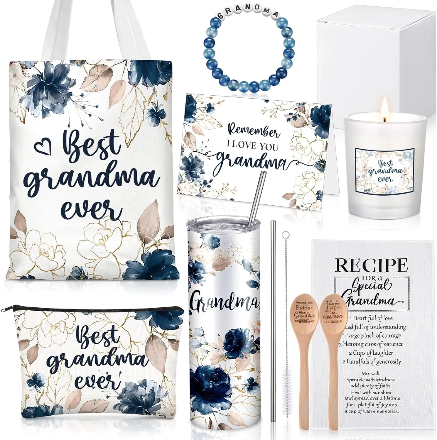 Geiserailie Grandma Mothers Day Gifts for Nana Birthday Best Grandma Thoughtful Gift for Grandmother from Granddaughter Grandchildren with Tumbler Candle Bracelet Bag(Blue)