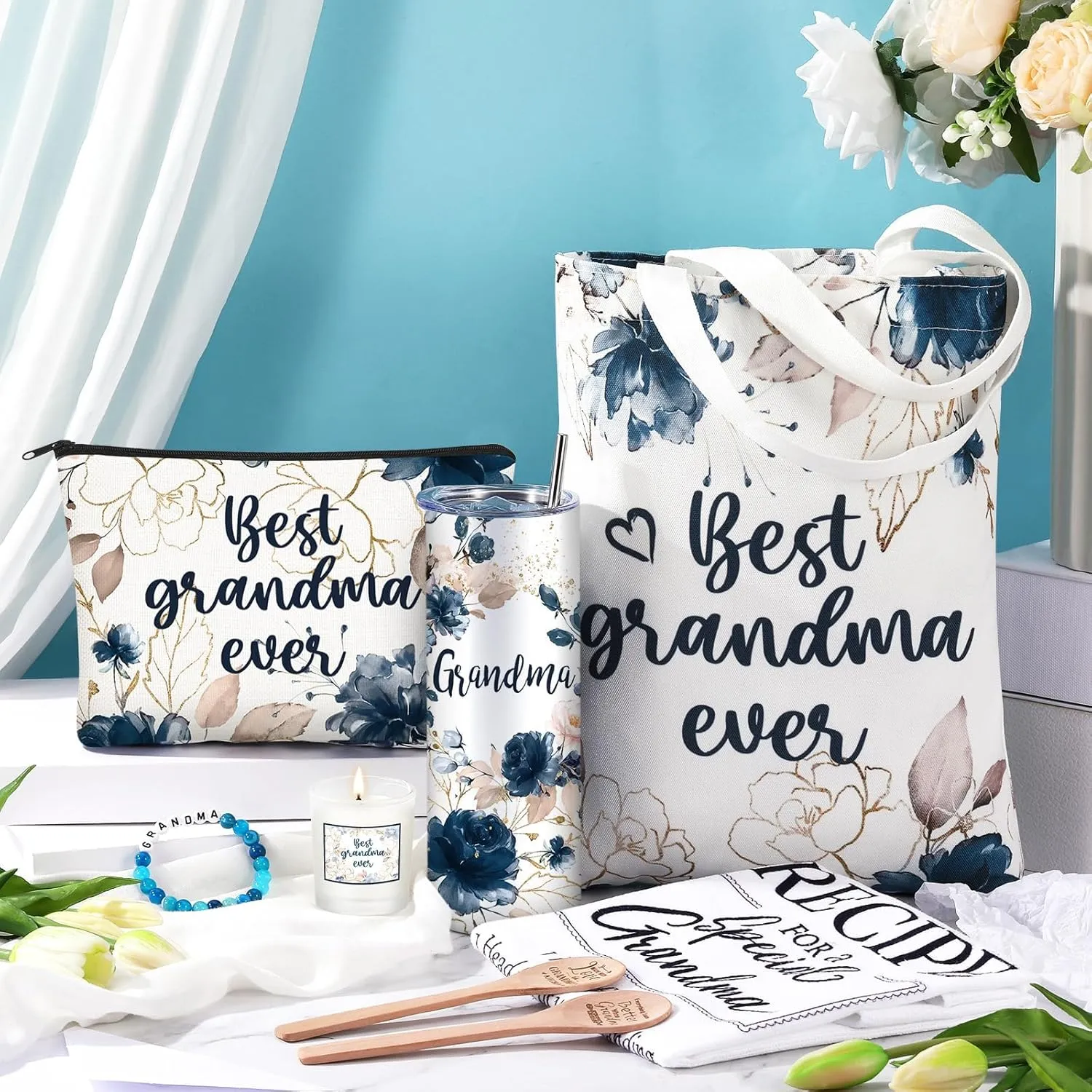 Geiserailie Grandma Mothers Day Gifts for Nana Birthday Best Grandma Thoughtful Gift for Grandmother from Granddaughter Grandchildren with Tumbler Candle Bracelet Bag(Blue)
