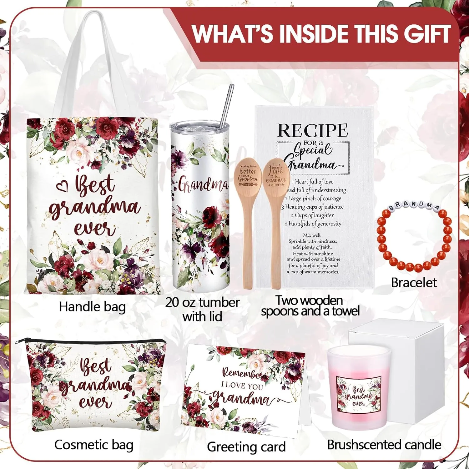 Geiserailie Grandma Mothers Day Gifts for Nana Birthday Best Grandma Thoughtful Gift for Grandmother from Granddaughter Grandchildren with Tumbler Candle Bracelet Bag(Red)
