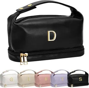 Gift for Her, Personalized Makeup Bags with Handle, Waterproof Double Layer Cosmetic Bag, PU Leather Makeup Bags Letter Travel Toiletry Bag with Makeup Brush Organizer