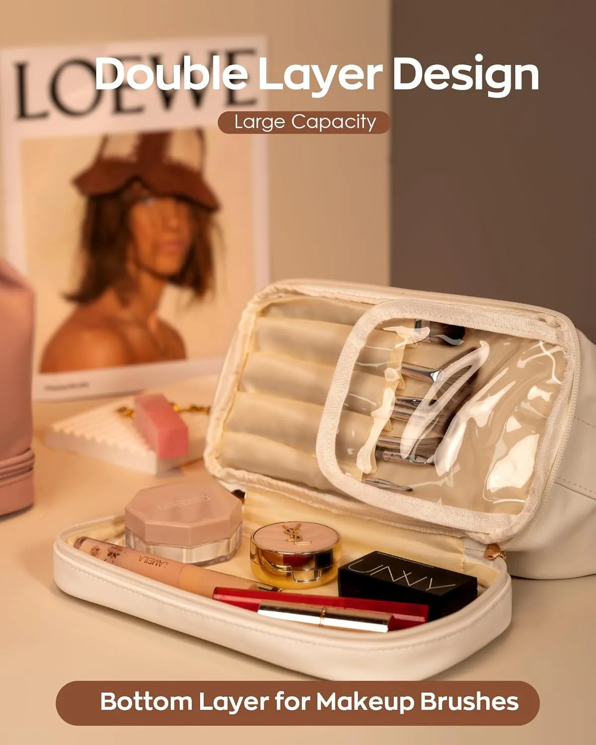 Gift for Her, Personalized Makeup Bags with Handle, Waterproof Double Layer Cosmetic Bag, PU Leather Makeup Bags Letter Travel Toiletry Bag with Makeup Brush Organizer