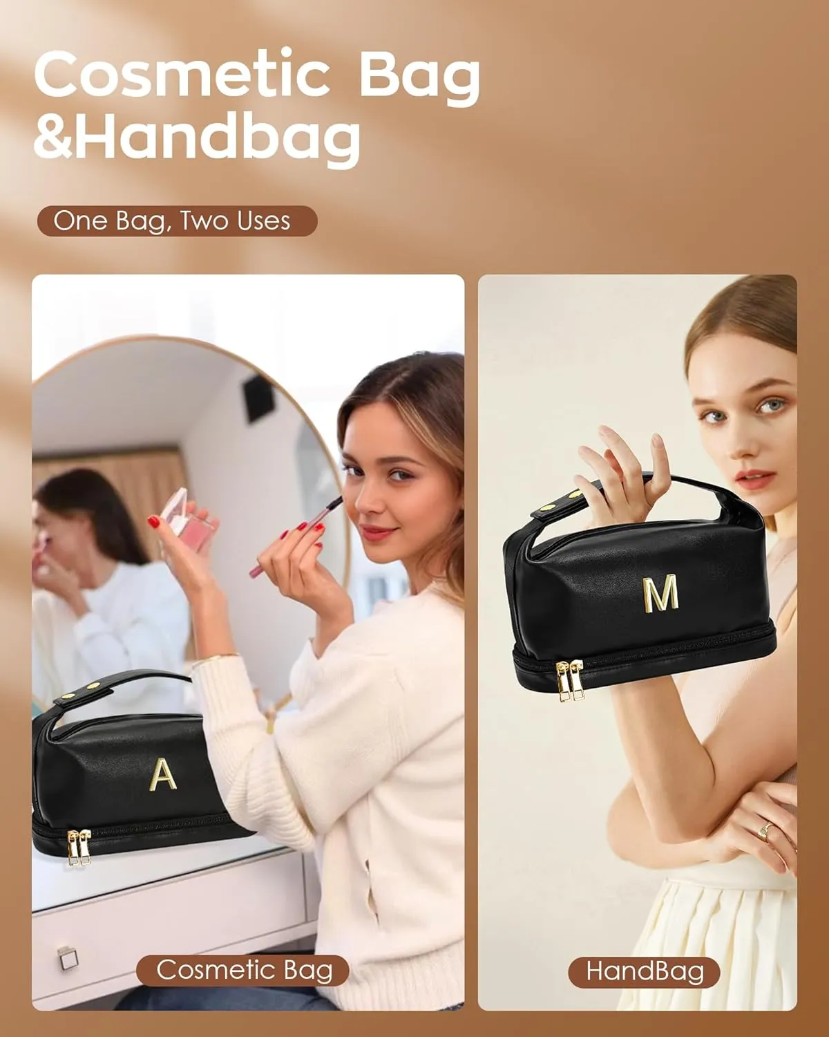Gift for Her, Personalized Makeup Bags with Handle, Waterproof Double Layer Cosmetic Bag, PU Leather Makeup Bags Letter Travel Toiletry Bag with Makeup Brush Organizer