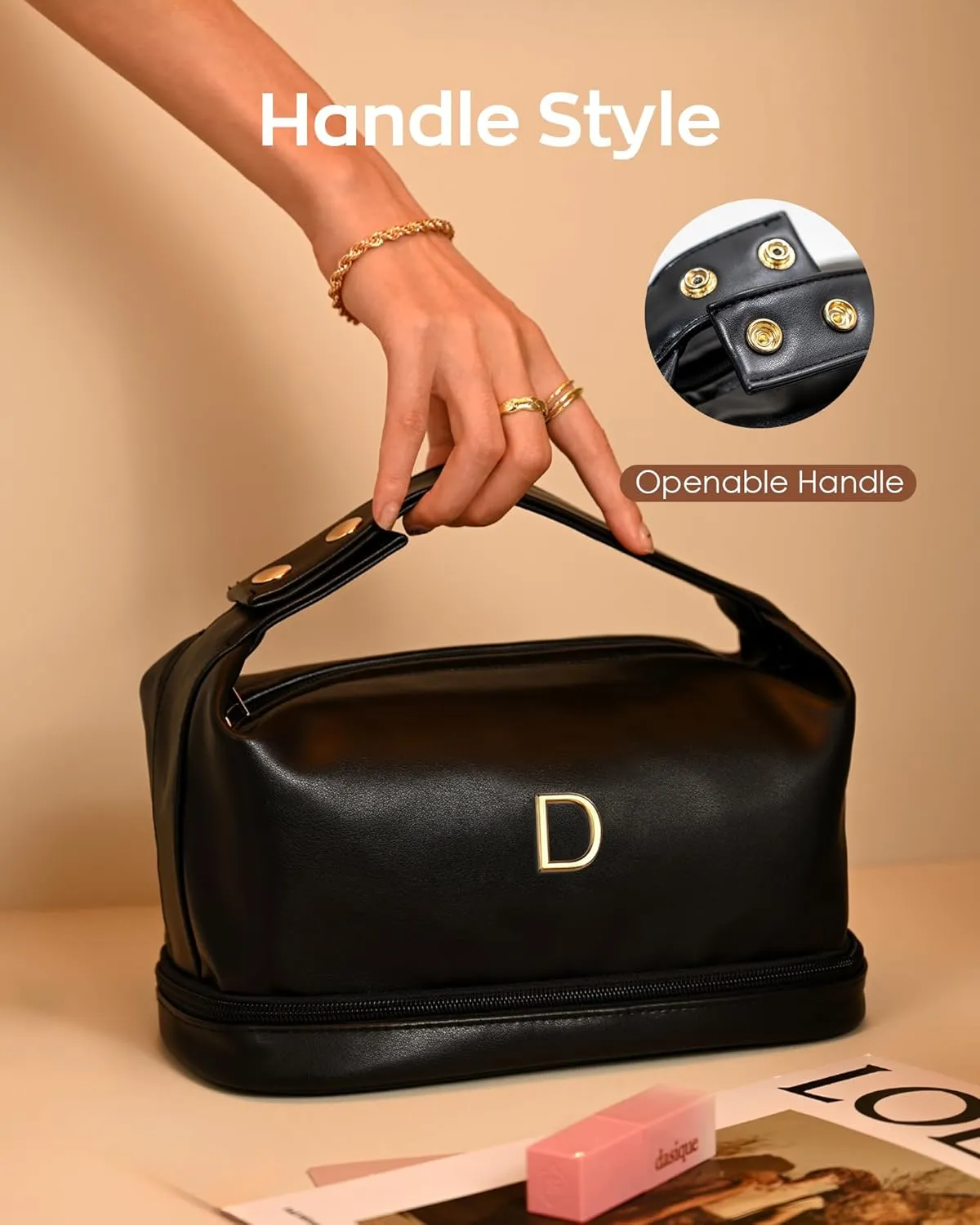 Gift for Her, Personalized Makeup Bags with Handle, Waterproof Double Layer Cosmetic Bag, PU Leather Makeup Bags Letter Travel Toiletry Bag with Makeup Brush Organizer