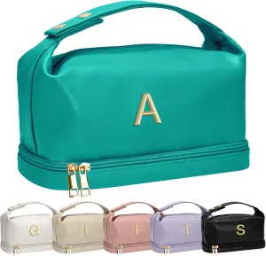 Gifts for 15 16 17 18 19 Year Old Girls, Makeup Bags with Handle, Initial Double Layer Cosmetic Bag with Makeup Brush Organizer, Cute Cosmetic Pouch for Women