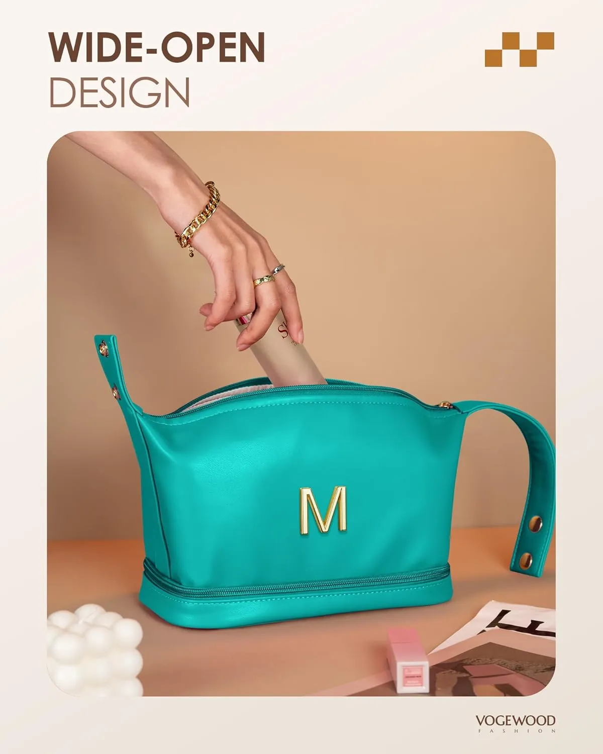 Gifts for 15 16 17 18 19 Year Old Girls, Makeup Bags with Handle, Initial Double Layer Cosmetic Bag with Makeup Brush Organizer, Cute Cosmetic Pouch for Women