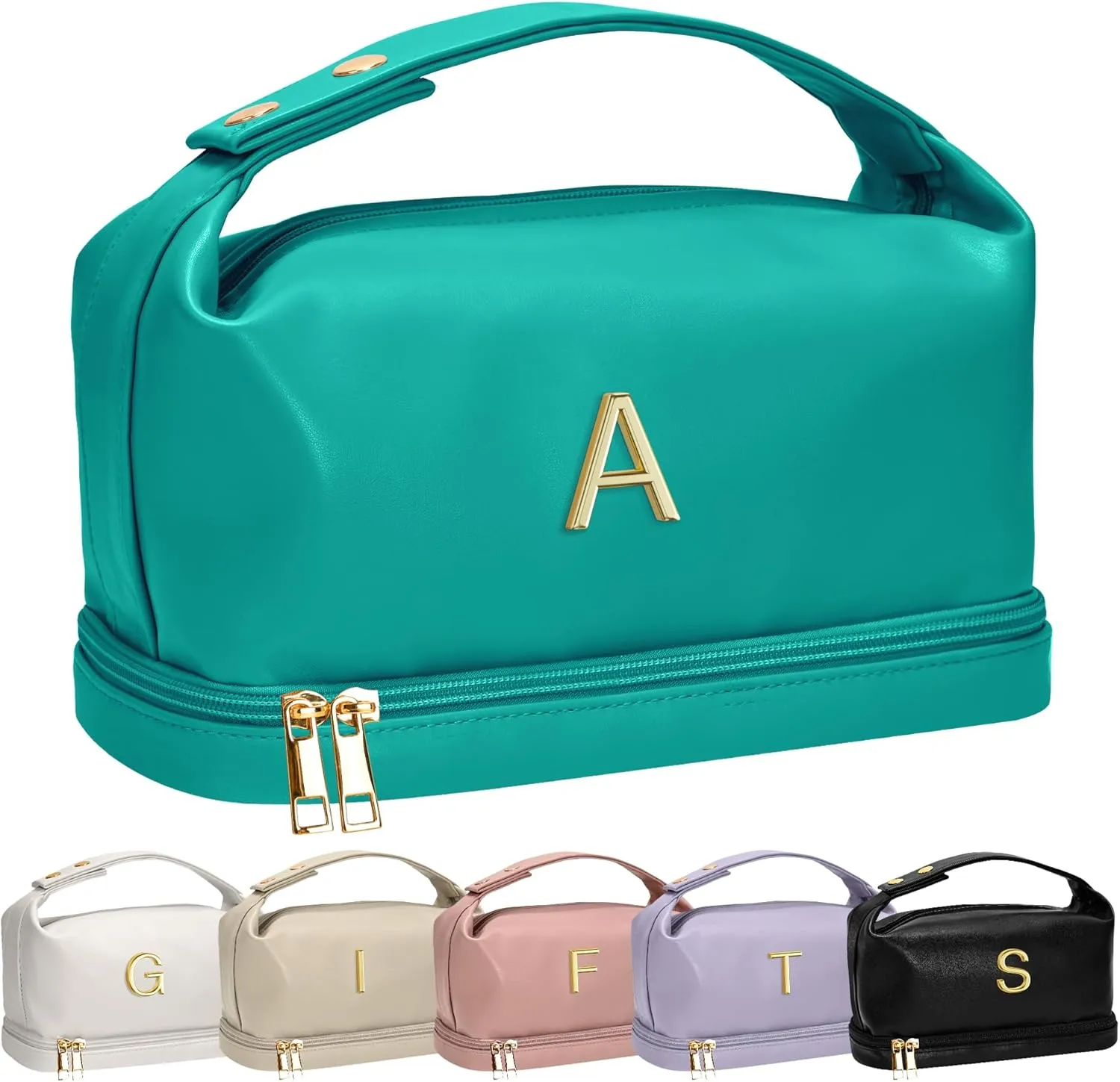 Gifts for 15 16 17 18 19 Year Old Girls, Makeup Bags with Handle, Initial Double Layer Cosmetic Bag with Makeup Brush Organizer, Cute Cosmetic Pouch for Women