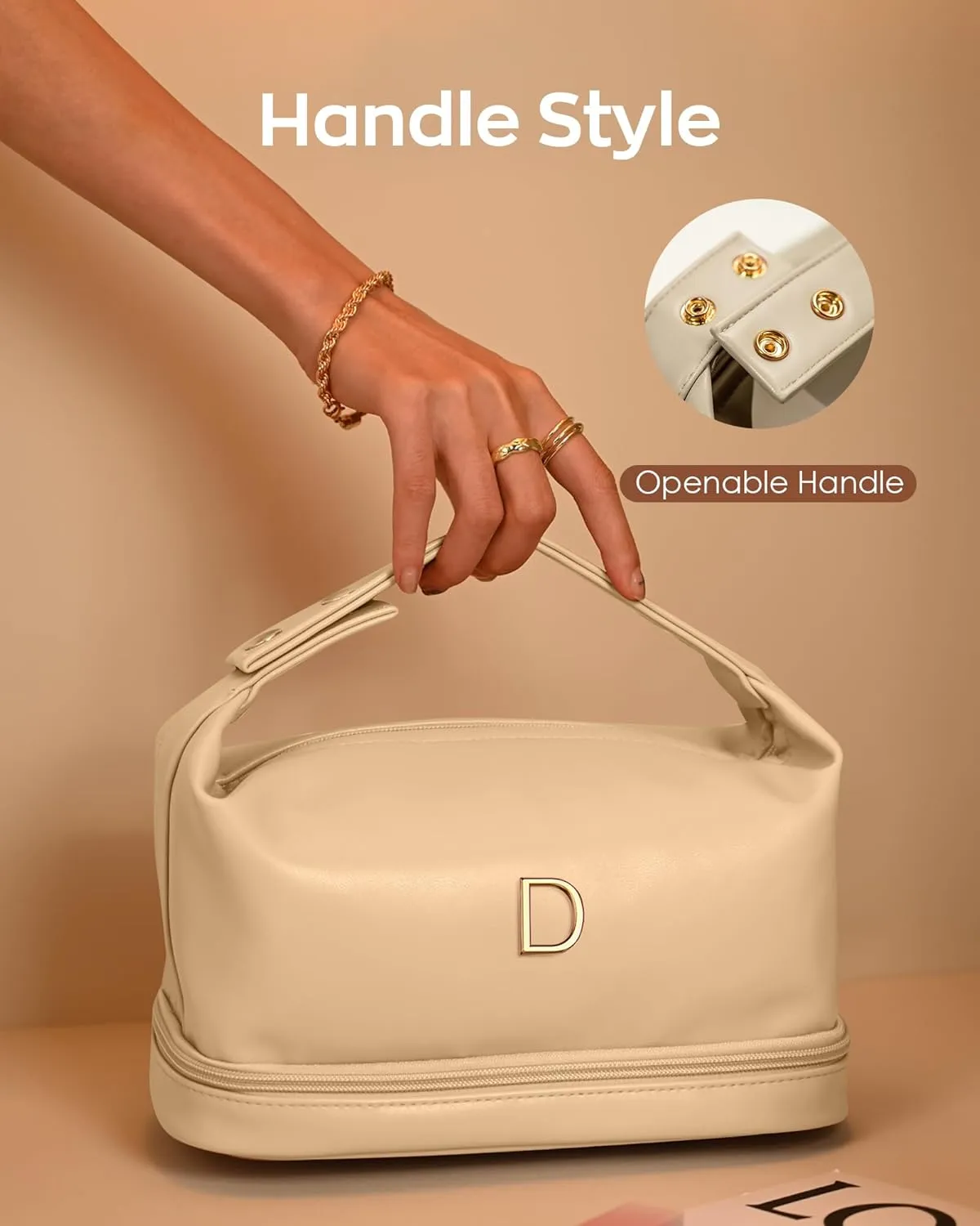Gifts for Women, Personalized Makeup Bag with Handle, Initial Double Layer Cosmetic Bag with Makeup Brush Organizer, PU Leather Travel Toiletry Bag, Gifts for Friends Female Mom