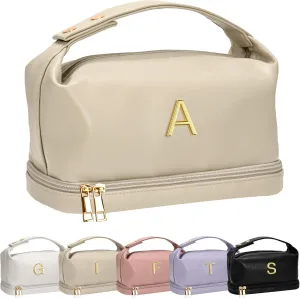 Gifts for Women, Personalized Makeup Bag with Handle, Initial Double Layer Cosmetic Bag with Makeup Brush Organizer, PU Leather Travel Toiletry Bag, Gifts for Friends Female Mom
