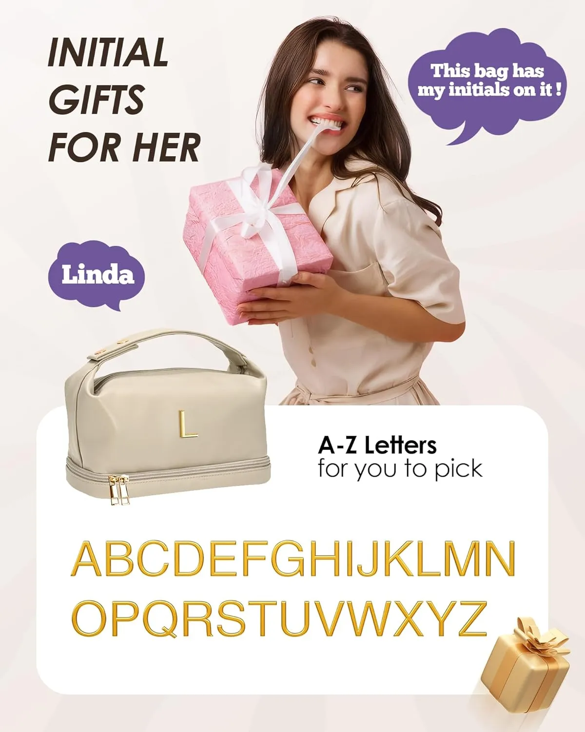 Gifts for Women, Personalized Makeup Bag with Handle, Initial Double Layer Cosmetic Bag with Makeup Brush Organizer, PU Leather Travel Toiletry Bag, Gifts for Friends Female Mom