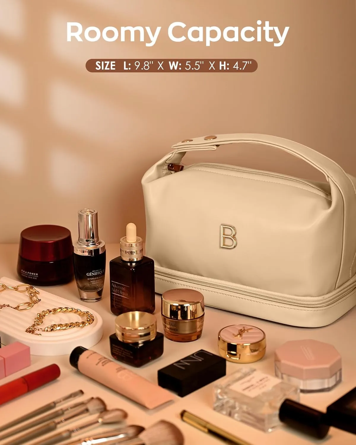 Gifts for Women, Personalized Makeup Bag with Handle, Initial Double Layer Cosmetic Bag with Makeup Brush Organizer, PU Leather Travel Toiletry Bag, Gifts for Friends Female Mom