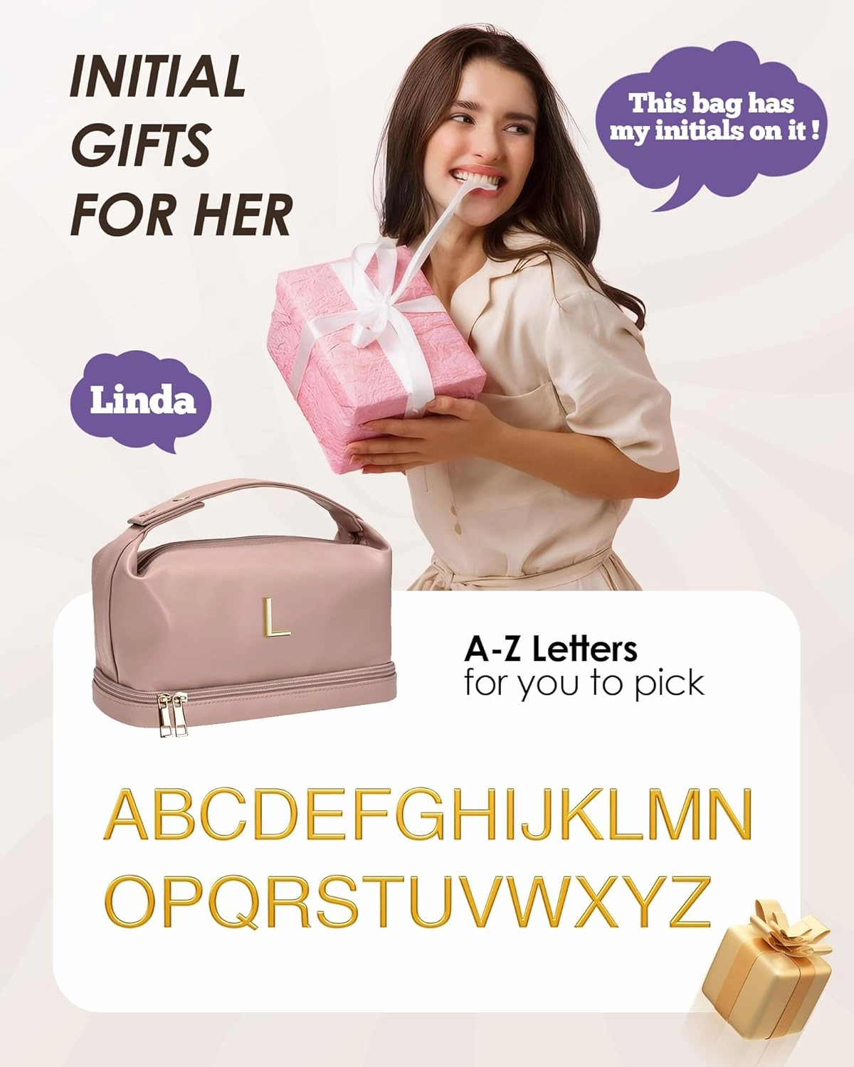 Gifts for Female, Personalized Makeup Bags with Handle, Waterproof Double Layer Cosmetic Bag, Large Capacity PU Leather Makeup Bags Letter Toiletry Bag with Makeup Brush Organizer