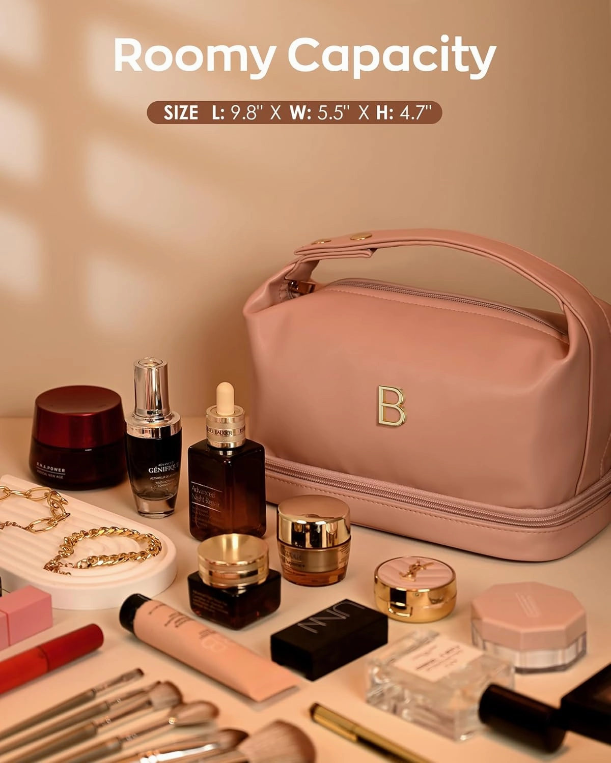 Gifts for Female, Personalized Makeup Bags with Handle, Waterproof Double Layer Cosmetic Bag, Large Capacity PU Leather Makeup Bags Letter Toiletry Bag with Makeup Brush Organizer