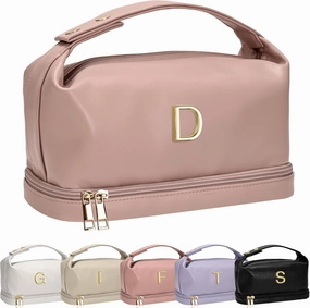 Gifts for Female, Personalized Makeup Bags with Handle, Waterproof Double Layer Cosmetic Bag, Large Capacity PU Leather Makeup Bags Letter Toiletry Bag with Makeup Brush Organizer