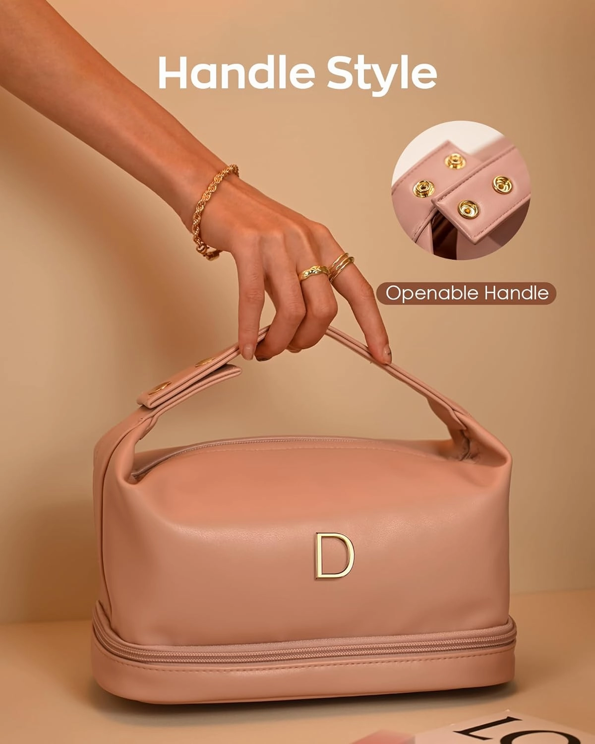 Gifts for Female, Personalized Makeup Bags with Handle, Waterproof Double Layer Cosmetic Bag, Large Capacity PU Leather Makeup Bags Letter Toiletry Bag with Makeup Brush Organizer