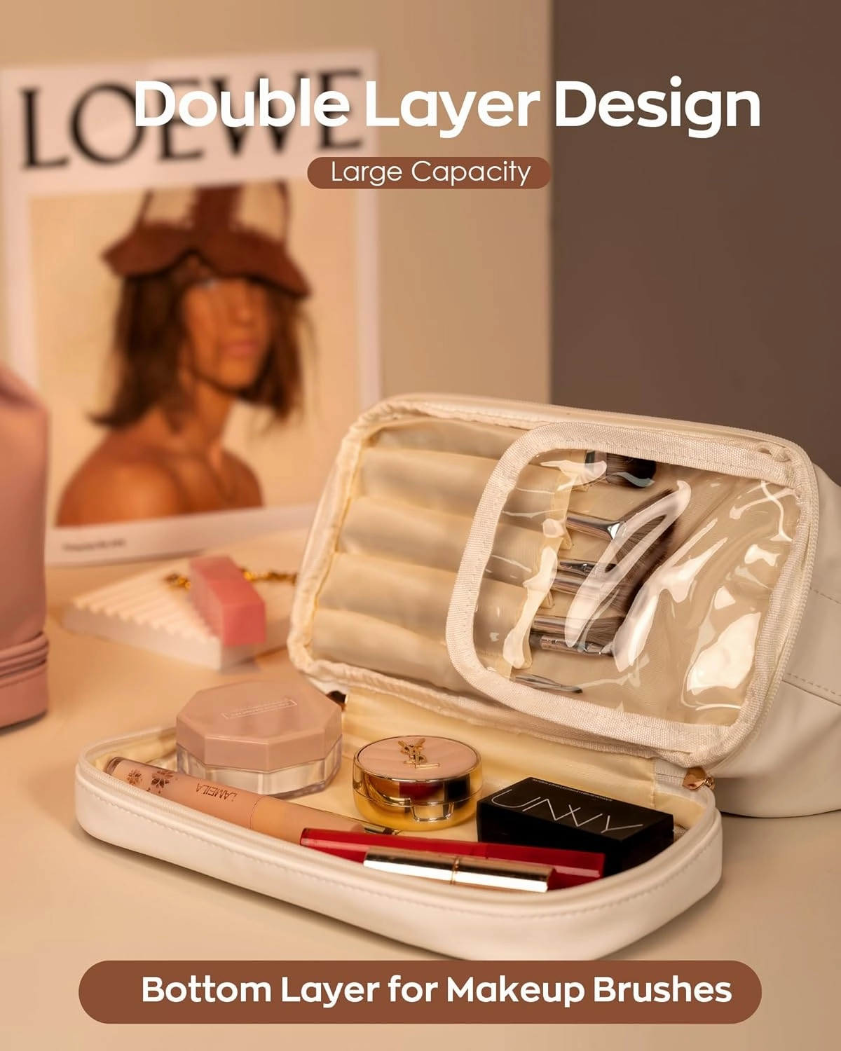 Gifts for Female, Personalized Makeup Bags with Handle, Waterproof Double Layer Cosmetic Bag, Large Capacity PU Leather Makeup Bags Letter Toiletry Bag with Makeup Brush Organizer